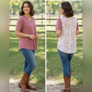 Cupio Mauve Pink Shirt Silky Back Floral Detail Top Size 1X.